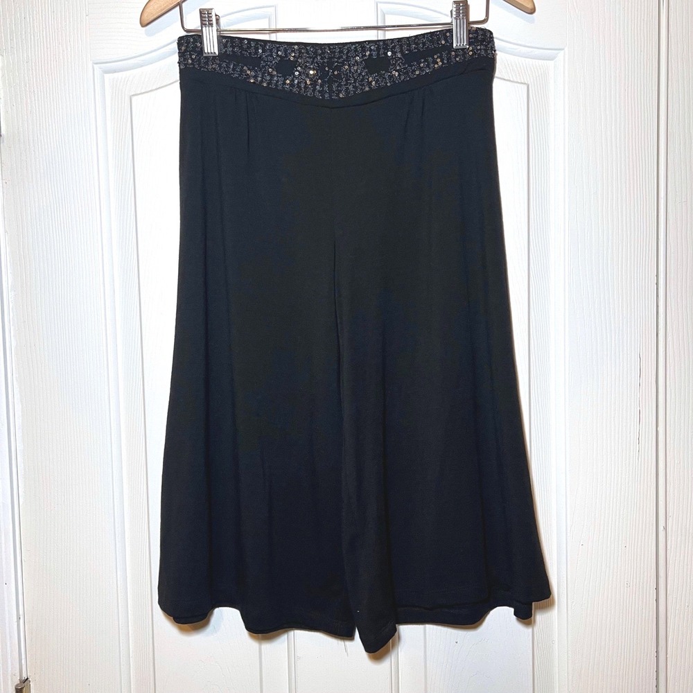 Amy Byer Vintage Y2K Gauchos Black Beaded Sequin Waist Wide Leg Culottes Large